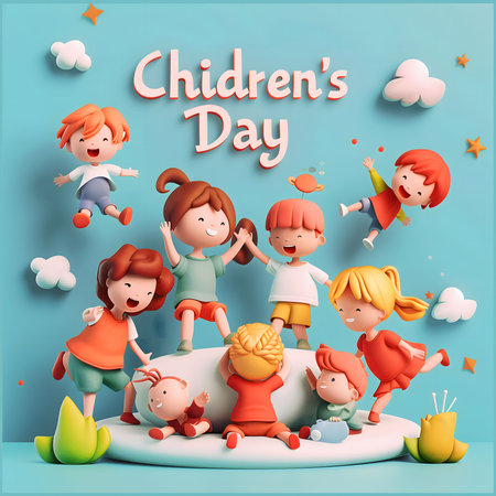 Adorable 3D cartoon children celebrate Children's Day with joyful expressions and playful poses.の写真素材