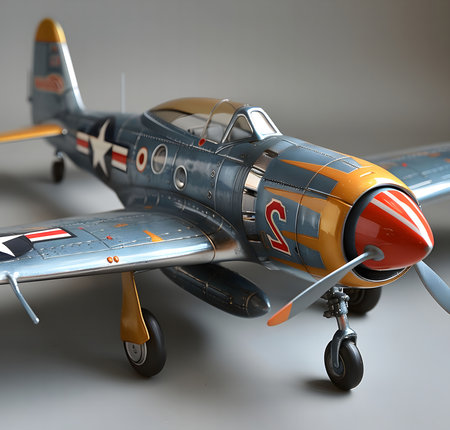 Close-up view of a meticulously crafted model of a vintage warplane. The model showcases intricate details and a weathered finish.の写真素材