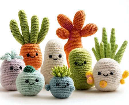 A charming collection of crocheted amigurumi vegetables, each with a unique and delightful expression. Perfect for kids or collectors!の写真素材