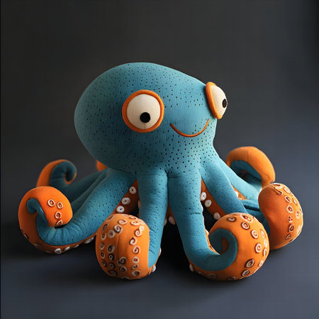 Close-up of a charming blue plush octopus toy with orange details. Perfect gift for kids!の写真素材