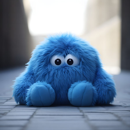 A fluffy blue monster toy sits on a pavement. It's cute and soft looking.の写真素材