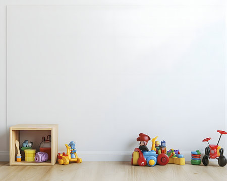 A minimalist playroom with colorful toys and wooden storageの写真素材