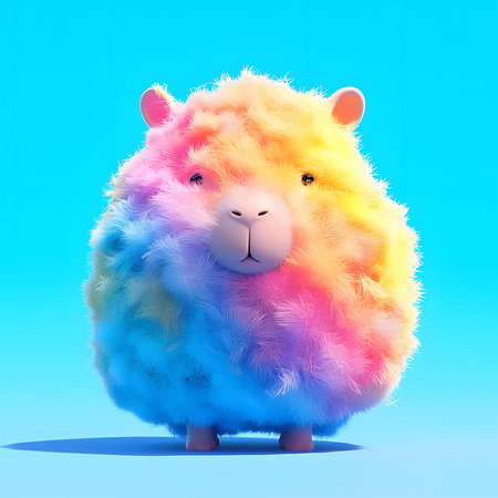 Adorable 3D render of a fluffy rainbow sheep. Delightfully cheerful and colorful.