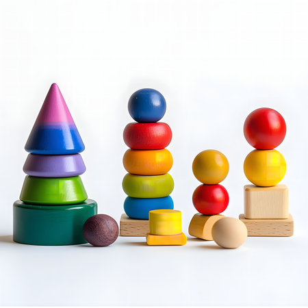 A vibrant collection of wooden stacking toys for kids. Great for skill development and fun!の写真素材