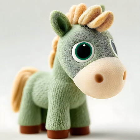 Close-up of a charming green plush horse toy. Its soft texture and large eyes create an endearing image.の写真素材