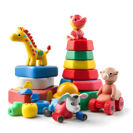 A vibrant collection of children's toys, featuring a giraffe, pyramid blocks, and other playful characters, perfect for imaginative play.の写真素材
