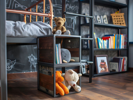 A charming child's room featuring industrial-style furniture, bookshelves, and cuddly toys. The room exudes warmth and creativity.の写真素材