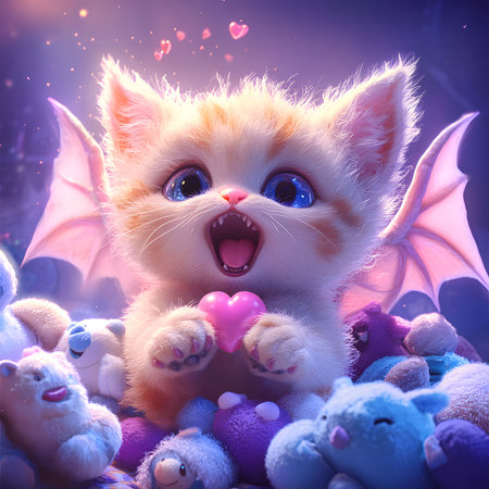 A charming digital painting of a fantasy kitten with delicate wings, holding a pink heart amidst soft toys. It exudes joy and cuteness.の写真素材