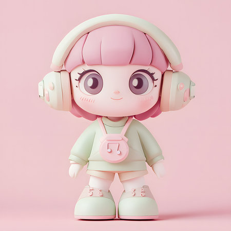 A charming 3D rendered image of a cute girl wearing headphones, showcasing a peaceful and happy atmosphere.の写真素材
