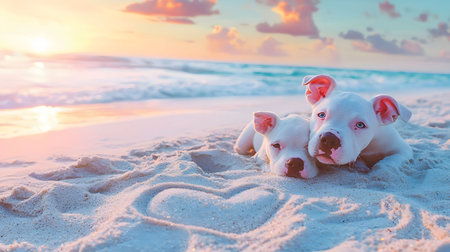 Two white puppies cuddling on a sandy beach during a beautiful sunset. A heart is drawn in the sand.の写真素材