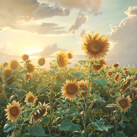 Sunflowers bathed in sunset's glow. A serene summer scene.の写真素材