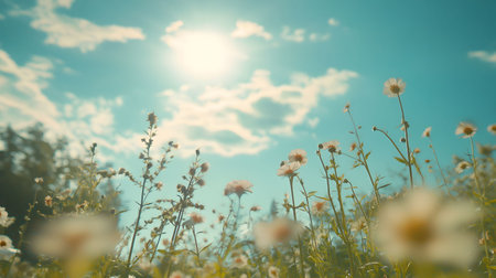 A picturesque summer meadow filled with blooming wildflowers under a vibrant blue sky. Sunshine bathes the scene in warm light.の写真素材