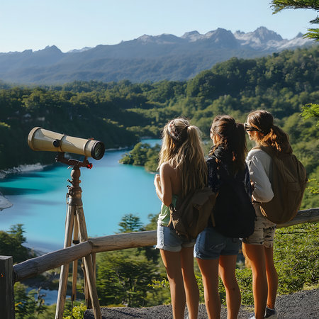 Three female friends enjoy a stunning mountain lake view, using a telescope to enhance the experience. A beautiful day for adventureの写真素材