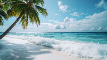 Stunning beach scene with palm trees, clear blue water, and white sand. A perfect tropical paradise.の写真素材