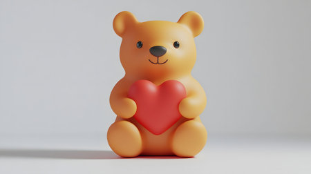A charming 3D-rendered image of a teddy bear holding a heart, symbolizing love and affection.の写真素材