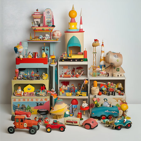 A captivating display of vintage toys, meticulously arranged on shelves, creating a whimsical and nostalgic scene.の写真素材