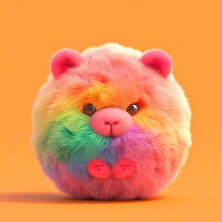 A digitally rendered image of a rainbow-colored fluffy pom pom resembling a cute bear. Joyful and whimsical.の写真素材