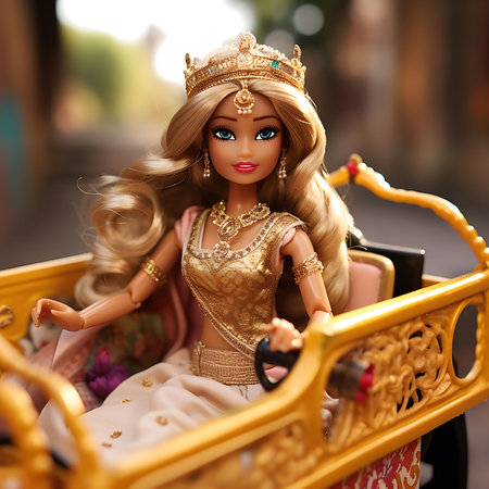 A stunning blonde doll, adorned in a golden Indian outfit and crown, sits regally in a yellow carriage.の写真素材