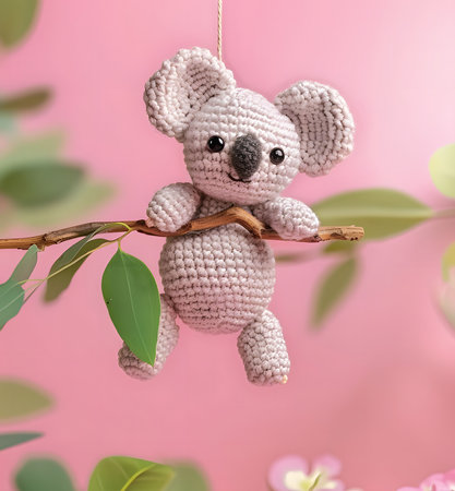 A charming crocheted koala hanging from a branch against a pink backdrop. Perfect handmade gift for a baby.の写真素材