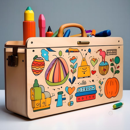 A charming wooden case decorated with vibrant drawings, perfect for storing art supplies.の写真素材