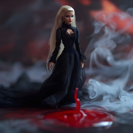 A stunning blonde doll in an elegant black dress, posing amidst a mystical, smoky atmosphere with a splash of red.の写真素材