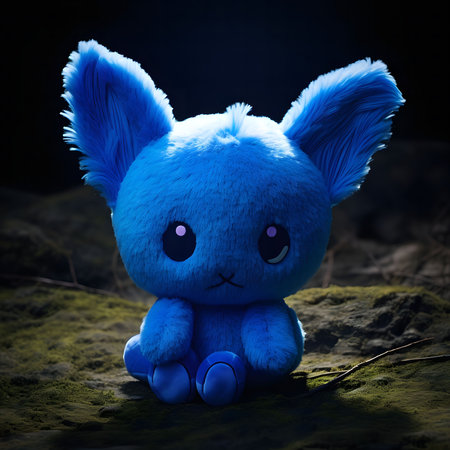 A captivating image of a blue plush toy in a dark, mysterious setting. The toy's soft fur and large eyes evoke a sense of wonder.の写真素材