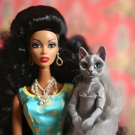 A glamorous doll in a teal dress holds a gray cat. The doll's makeup is impeccable, and her pearls shine brightly.の写真素材