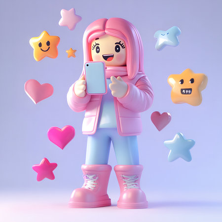 A cute 3D rendered girl uses her smartphone surrounded by hearts and stars.の写真素材