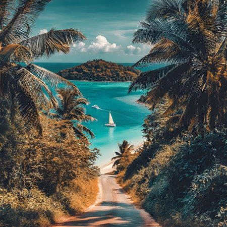 A scenic road leads to a secluded tropical beach with crystal clear water, palm trees, and sailboats in the distance. Serenity is evident.の写真素材