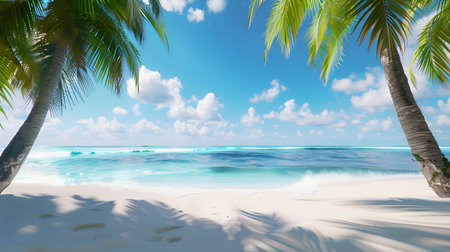 Stunning tropical beach scene. White sand, turquoise water, palm trees, and a vibrant sky.の写真素材