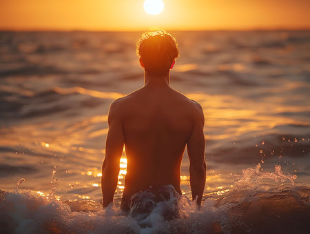 A man stands in the ocean, silhouetted against a vibrant sunset. The scene evokes feelings of peace and contemplation.の写真素材