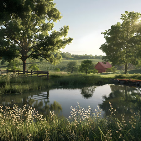 Peaceful pond reflecting a red barn and lush greenery in a picturesque countryside setting.の写真素材