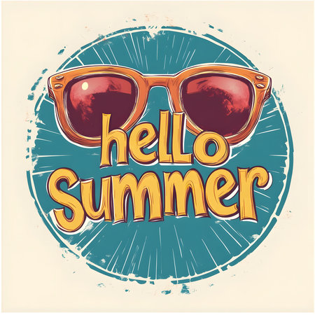 A retro summer design featuring sunglasses and the words 'Hello Summer!'の写真素材