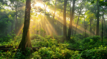 Golden sun rays pierce through a misty forest, creating a magical and serene atmosphere. Lush greenery and towering trees fill the scene.の写真素材