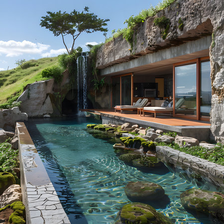 Stunning cliffside villa with an infinity pool cascading into a waterfall. Luxurious and serene.の写真素材