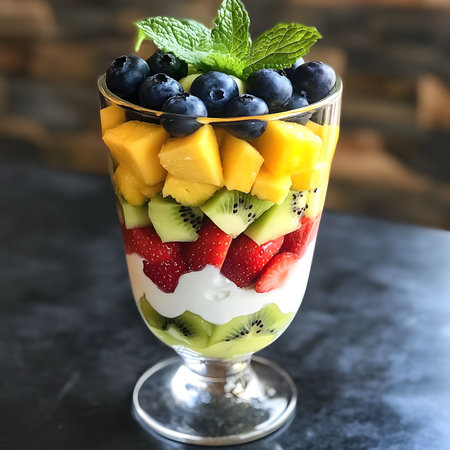 A vibrant parfait with layers of fresh mango, kiwi, strawberries, blueberries, and creamy yogurt. A perfect summer treat!の写真素材
