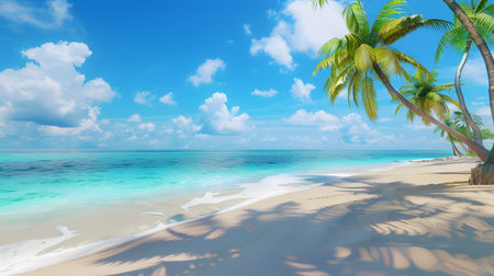 Stunning tropical beach scene. Palm trees, turquoise water, and white sand. Perfect summer getaway.の写真素材