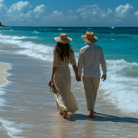 A romantic couple strolls along a pristine beach, hand in hand, enjoying the tropical paradise.の写真素材
