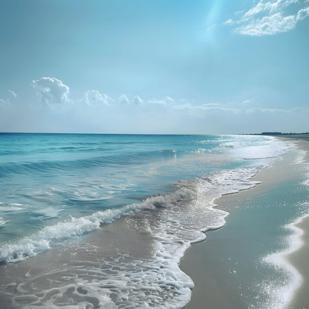 Serene beach scene with gentle waves lapping on the shore under a bright sky.の写真素材