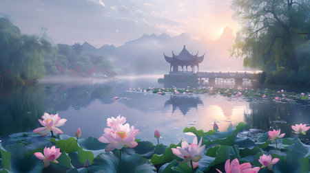 Misty sunrise over a tranquil lake, featuring a Chinese pavilion and blooming lotus flowers. Peaceful and serene.の写真素材