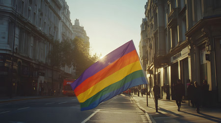 A vibrant rainbow flag billows in the golden light of a London sunset.の写真素材