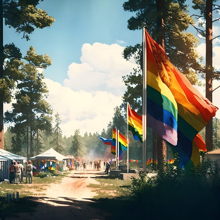 A vibrant Pride festival unfolds in a sun-drenched pine forest, showcasing rainbow flags and joyful attendees.の写真素材
