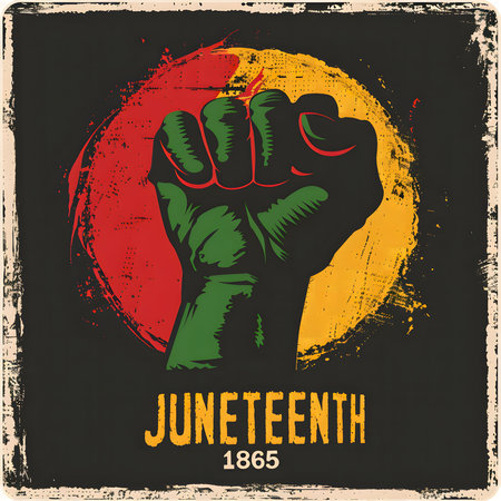 A powerful image commemorating Juneteenth 1865, showing a raised fist against a vibrant backdrop.の写真素材