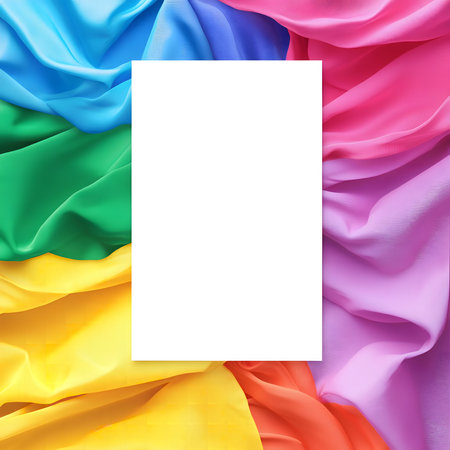 Colorful silk fabrics arranged in rainbow order with a blank white card in the center. Perfect for design and fashion concepts.の写真素材