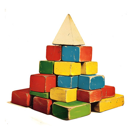 A pyramid of colorful vintage wooden blocks. A nostalgic image.の写真素材