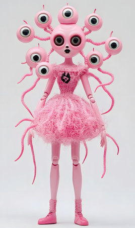 A charming pink doll with multiple eyes, showcasing artistic craftsmanship and fantasy. A collectible figure.の写真素材