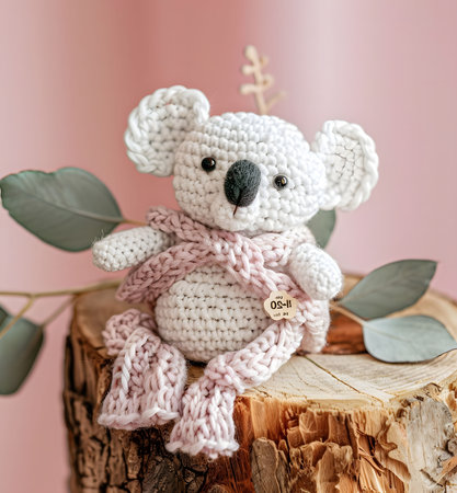 Closeup of a crocheted koala wearing a pink scarf, sitting on a wooden log against a pink background.の写真素材