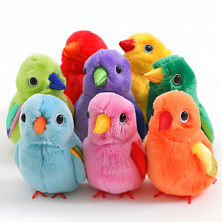 A group of colorful plush parrots in various bright huesの写真素材