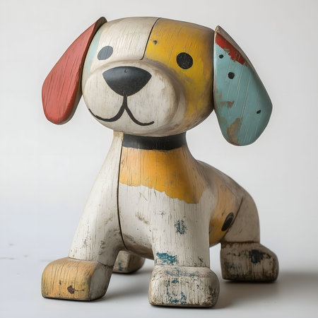 Charming hand-painted wooden dog sculpture. A playful and unique piece of home decor.の写真素材