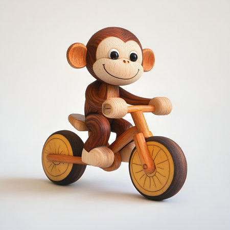 Charming wooden monkey toy riding a tricycle. Perfect gift for kids.の写真素材